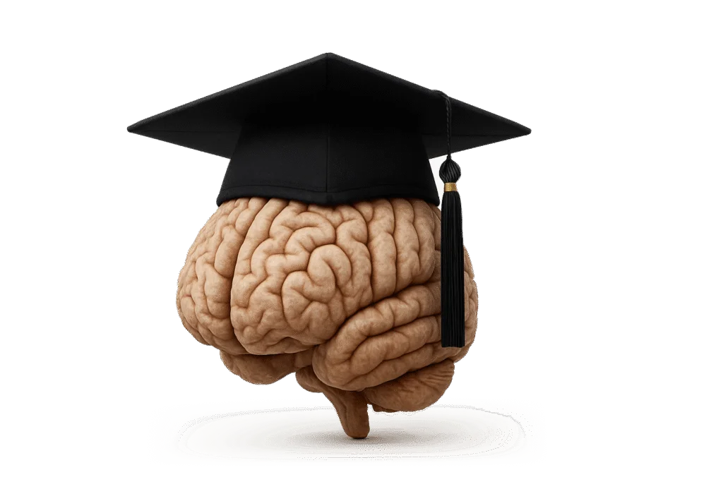 Cérebro com capelo de formatura simbolizando a pós-graduação